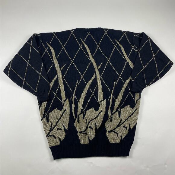 Vintage Fall Leaf Sweater Womens 90s Black & Gold Knit Acrylic Size Large - Picture 2 of 7